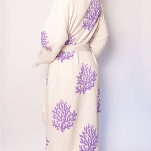 Hand Painted Organic Cotton Cream Robe with Purple Coral Design